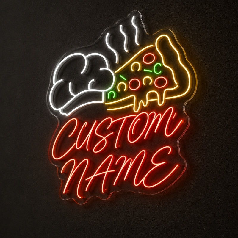 Pizza Neon Sign - Chef Hat Slice with Script Decor