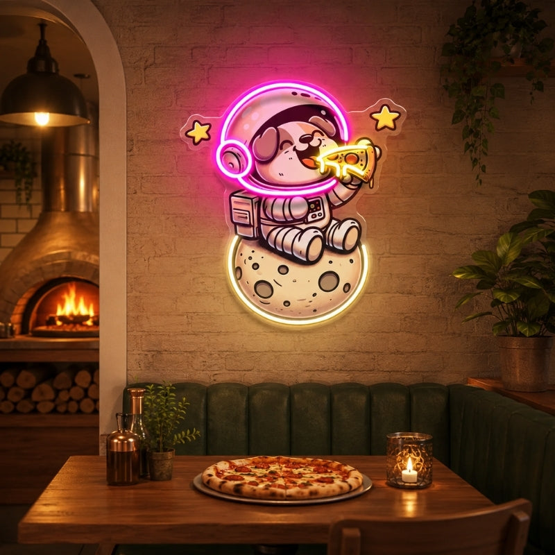 Pizza Neon Sign - Cute Astronaut Dog Pizza Wall Art