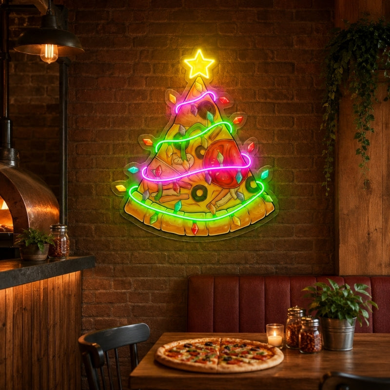 Pizza Neon Sign - Festive Christmas Tree Pizza Decor
