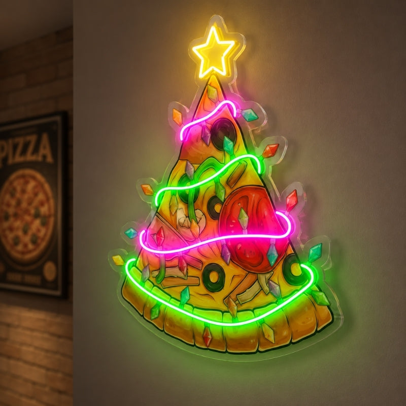 Pizza Neon Sign - Festive Christmas Tree Pizza Decor
