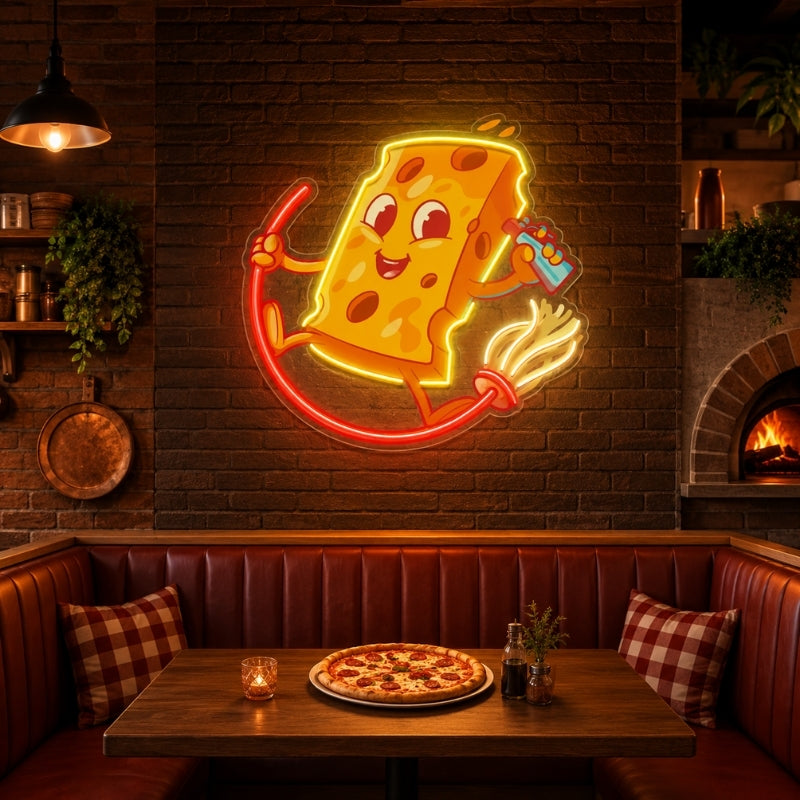 Pizza Neon Sign - Flying Pizza Character Wall Decor
