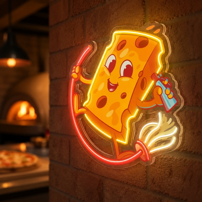 Pizza Neon Sign - Flying Pizza Character Wall Decor