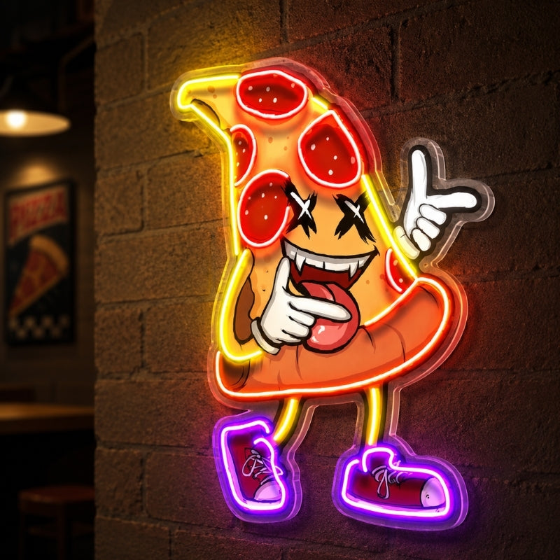 Pizza Neon Sign - Funny Cartoon Pizza Slice Wall Decor