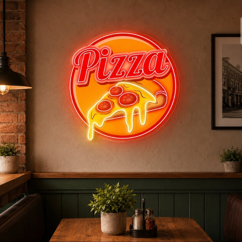 Pizza Neon Sign - Retro Round Pizza Slice Wall Decor