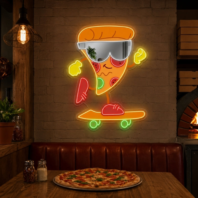 Pizza Neon Sign - Skater Slice with Sunglasses Decor