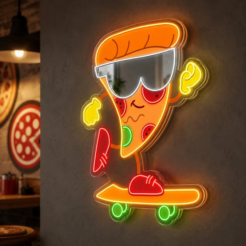 Pizza Neon Sign - Skater Slice with Sunglasses Decor