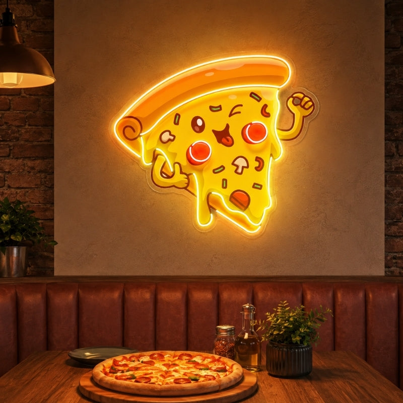 Pizza Neon Sign - Winking Cartoon Pizza Slice Decor