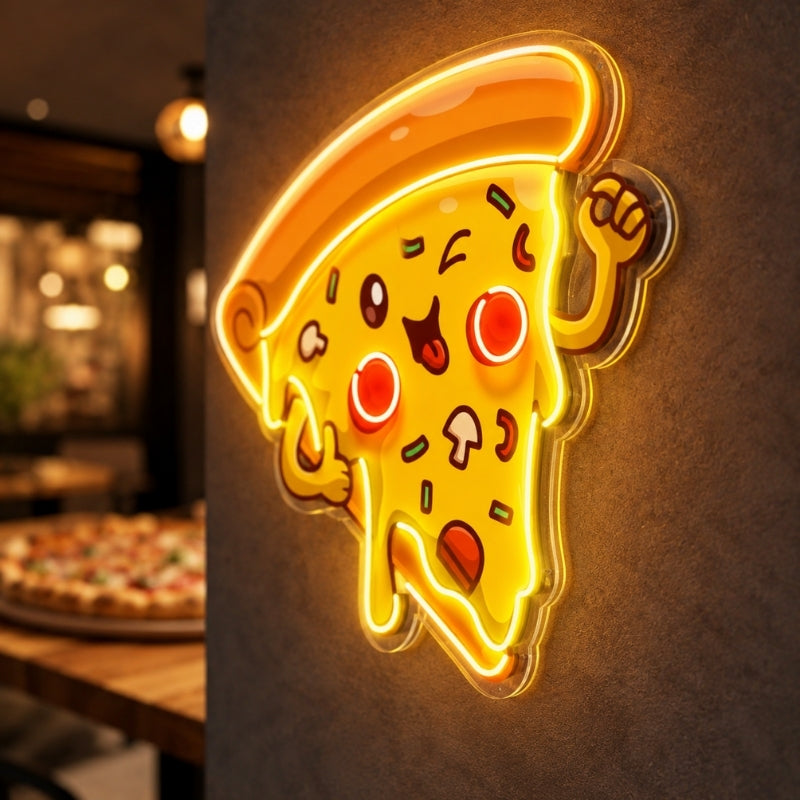 Pizza Neon Sign - Winking Cartoon Pizza Slice Decor