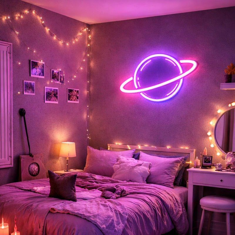 Planet Neon Sign – Pink Purple Aesthetic LED Wall Decor for Bedroom & Gaming Room