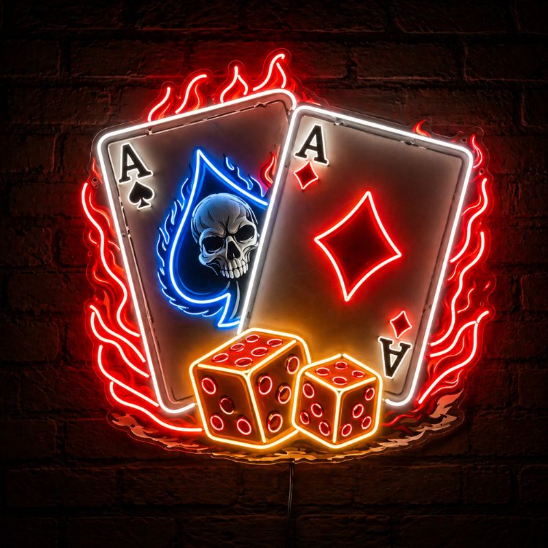 Poker Room Neon Sign - Flaming Cards Wall Decor