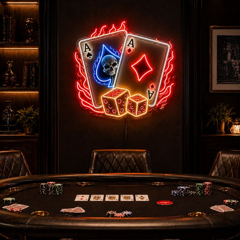 Poker Room Neon Sign - Flaming Cards Wall Decor