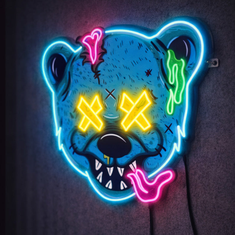 Punk Bear Neon Wall Sign – Edgy Cartoon Bear LED Art with X Eyes & Neon Drip