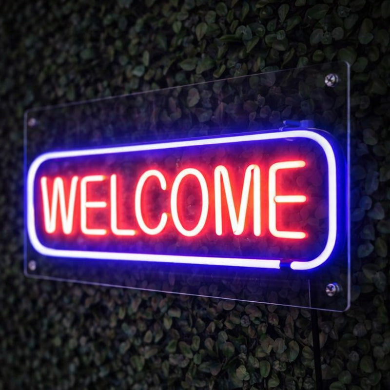Red & Blue “Welcome” LED Neon Sign – Modern Acrylic Wall Light
