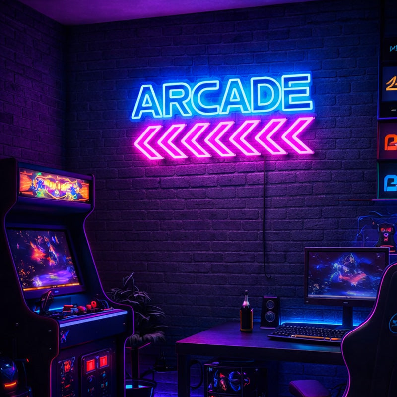 Retro Arcade Neon Sign - Arrow LED Gaming Decor