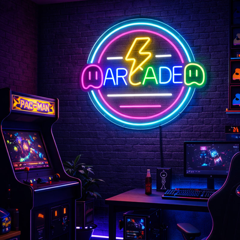 Retro Arcade Neon Sign - Circle LED Gaming Wall Decor