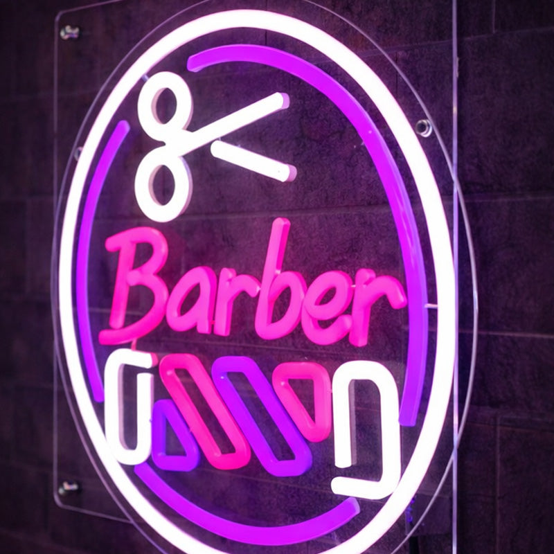 Round Barber Neon Sign with Scissors – LED Wall Light