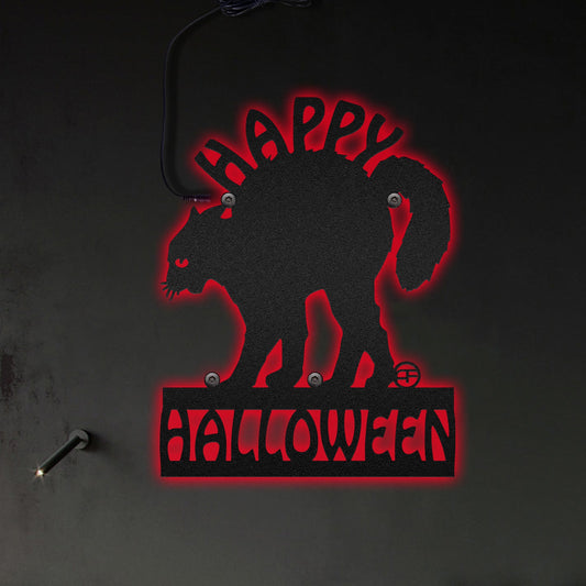 12"x12" Halloween Scary Cat Happy Halloween - Led Light Metal - Owls Matrix LTD
