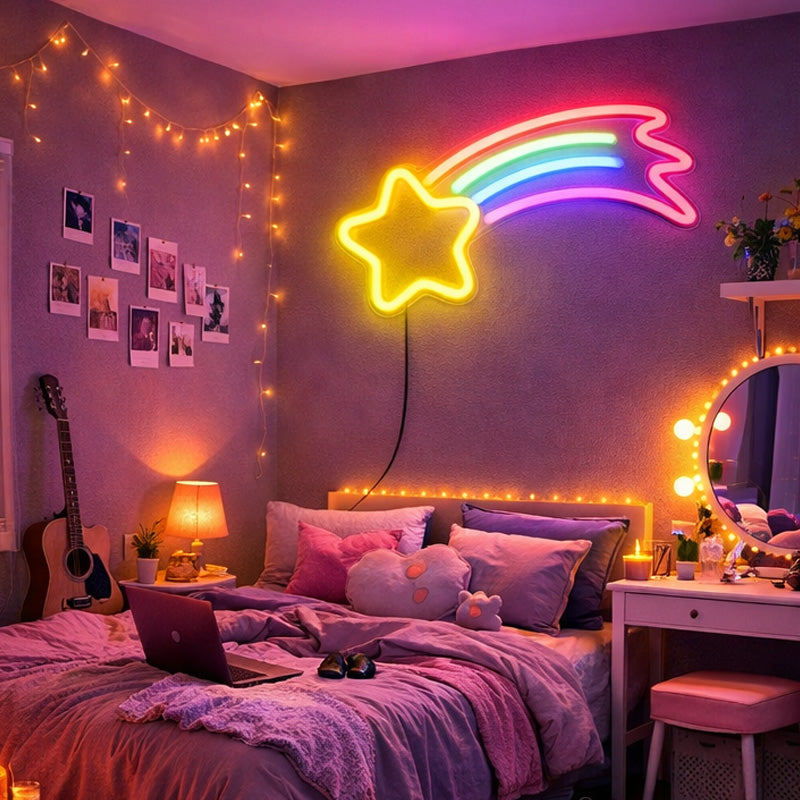 Shooting Star Neon Sign – Rainbow LED Wall Decor for Bedroom & Kids Room