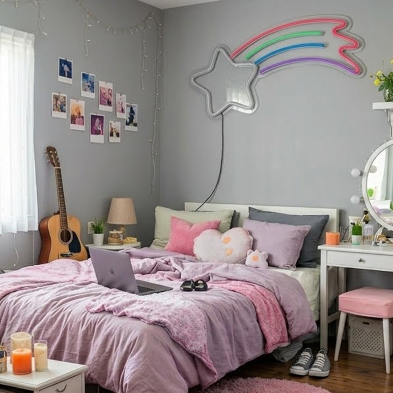 Shooting Star Neon Sign – Rainbow LED Wall Decor for Bedroom & Kids Room