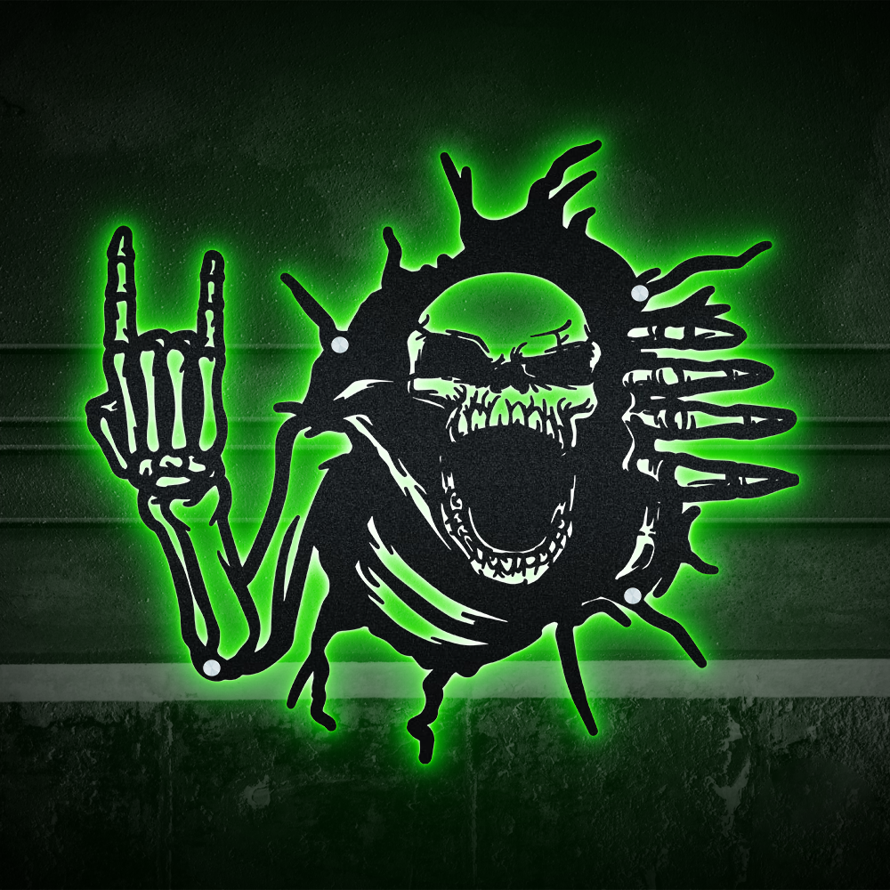 Skeleton Skull Horns Hand Gesture Halloween - Led Light Metal - Owls Matrix LTD
