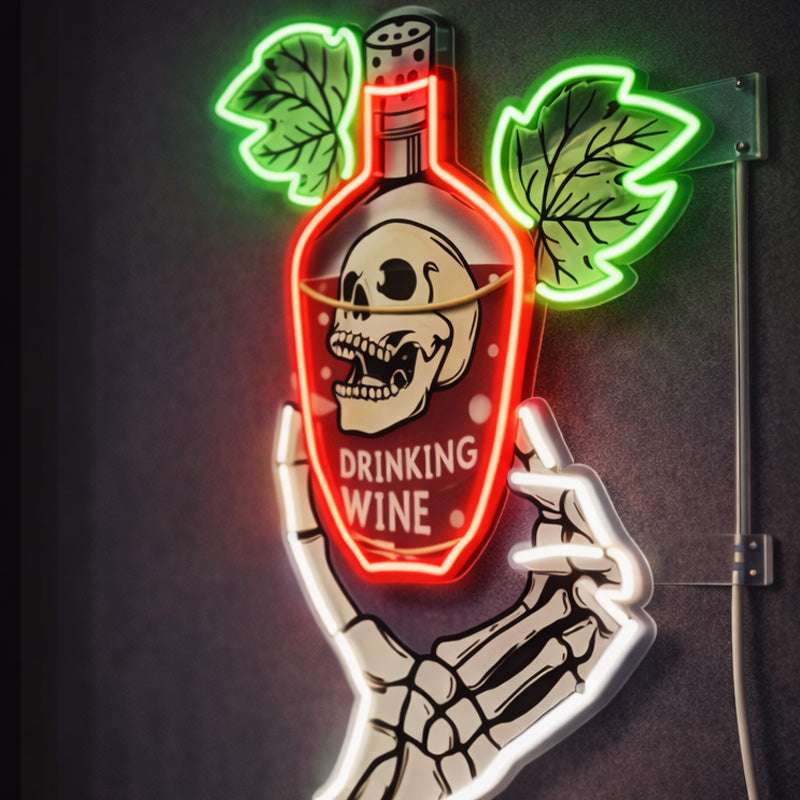 Skeleton Wine Bottle Neon Wall Sign – Gothic Cocktail LED Light for Bars, Lounges & Modern Interiors