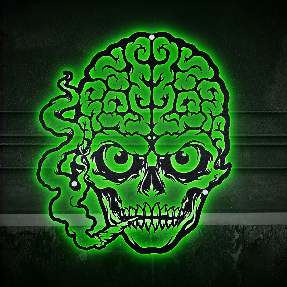 Skull Funny Brain Skull Smoke Gets High - Led Light Metal - Owls Matrix LTD