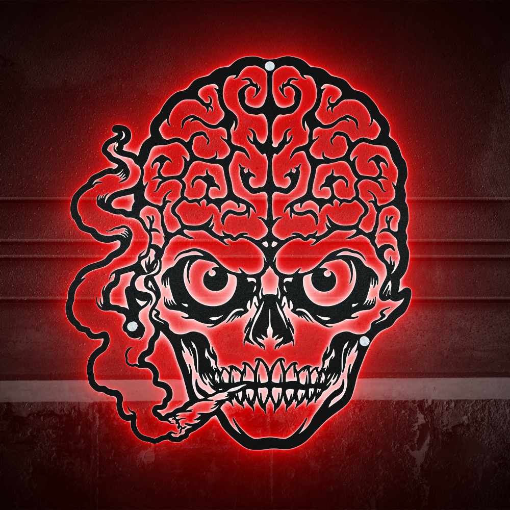 Skull Funny Brain Skull Smoke Gets High - Led Light Metal - Owls Matrix LTD