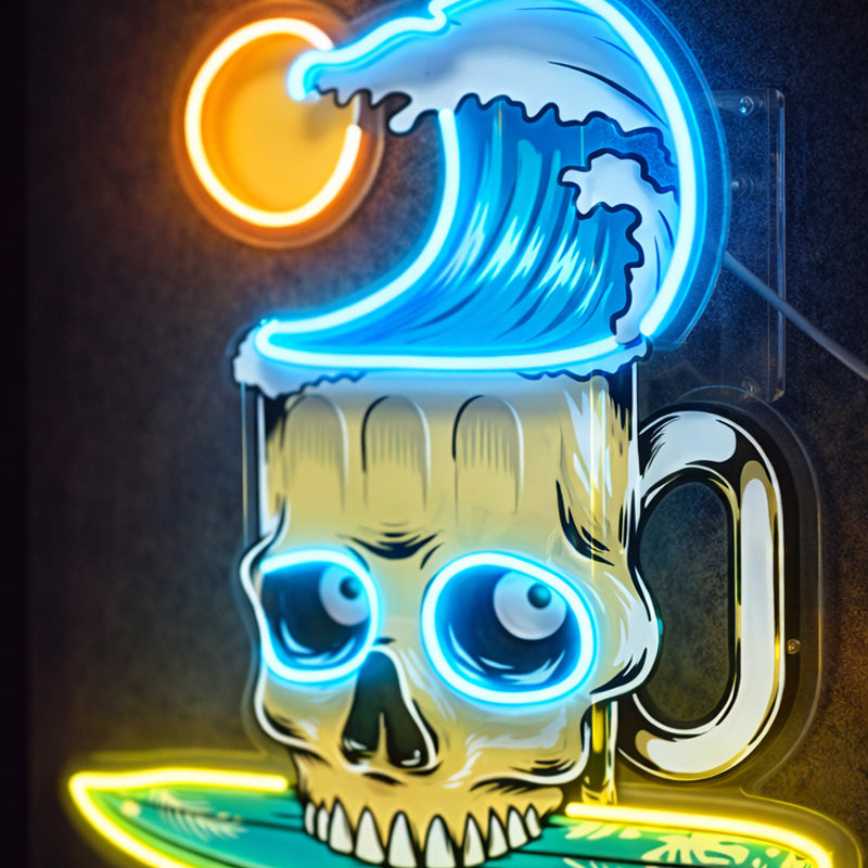 Skull Surf Neon Sign – Beer Mug Skeleton with Wave & Surfboard LED Wall Light