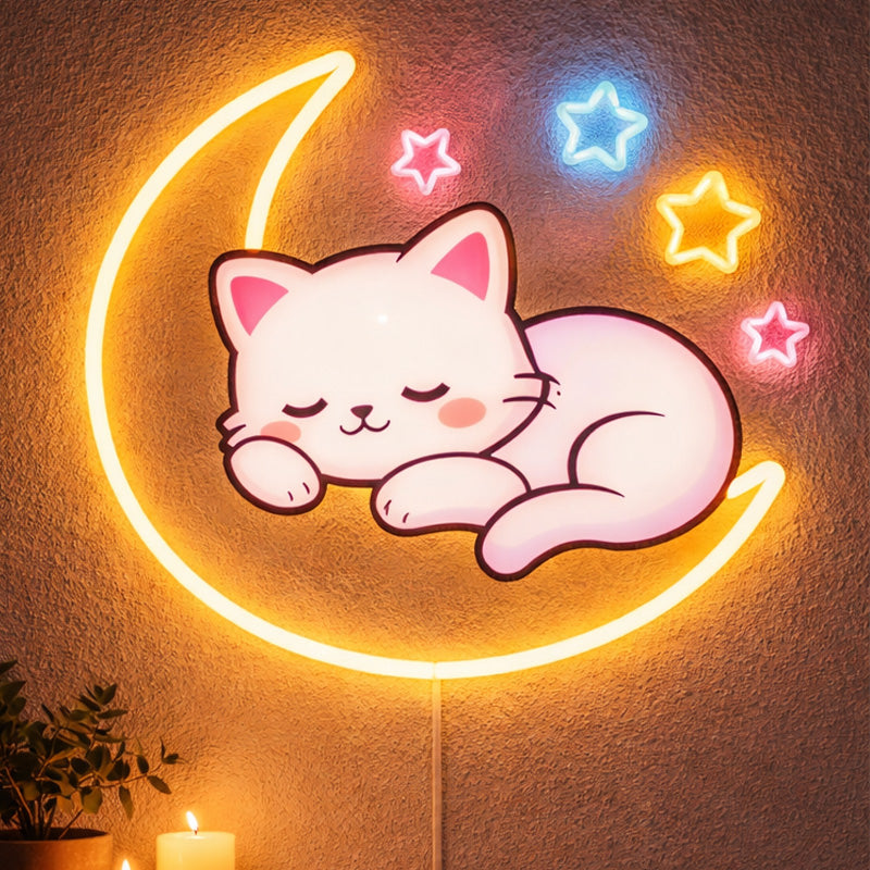 Sleeping Cat Moon Neon Sign – Cute Aesthetic LED Wall Decor for Cozy Bedroom
