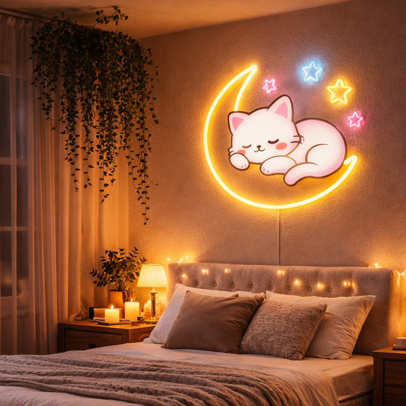 Sleeping Cat Moon Neon Sign – Cute Aesthetic LED Wall Decor for Cozy Bedroom