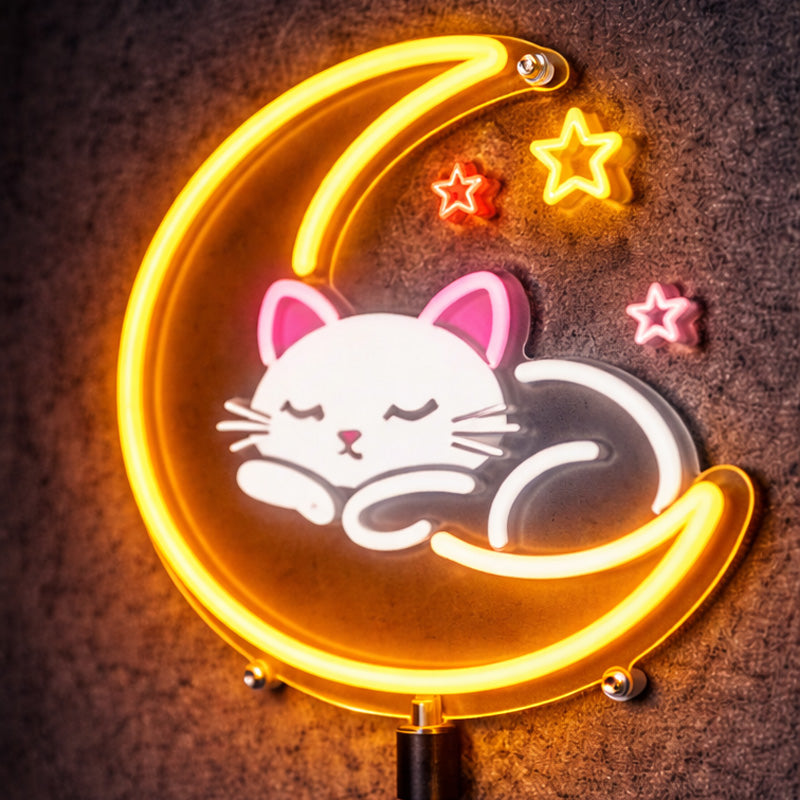 Sleeping Cat Moon Neon Sign – Warm Yellow & White LED Neon Wall Light for Bedroom Decor