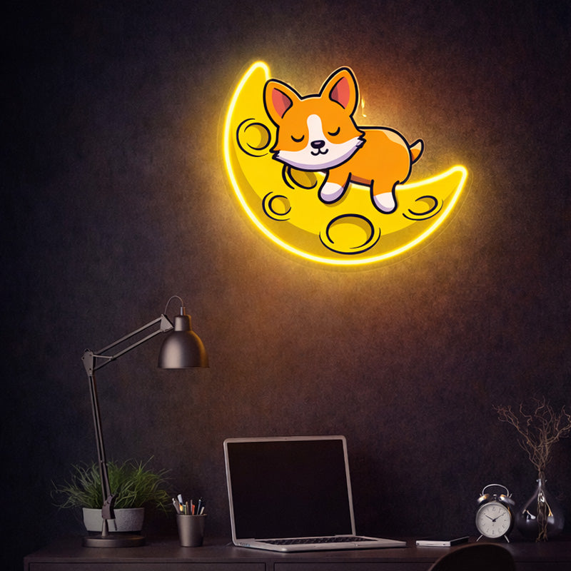 Sleeping Corgi on Crescent Moon – Cute Neon LED Wall Light