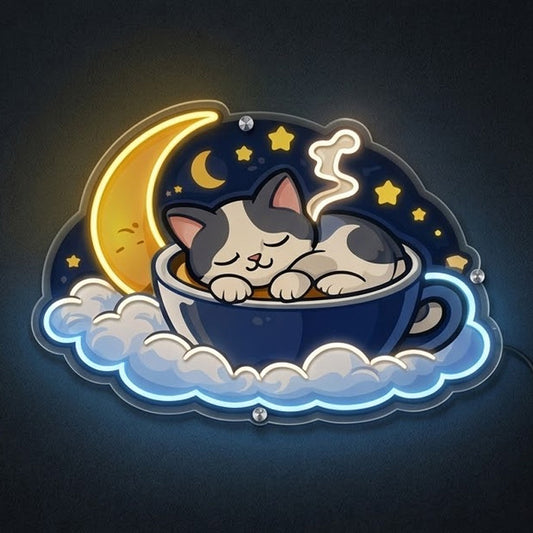 Sleepy Cat in Cup Neon Sign – Cute Cozy LED Night Light Wall Decor for Bedroom & Nursery