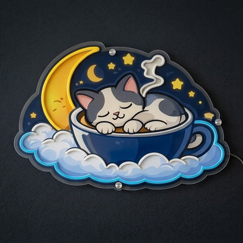 Sleepy Cat in Cup Neon Sign – Cute Cozy LED Night Light Wall Decor for Bedroom & Nursery