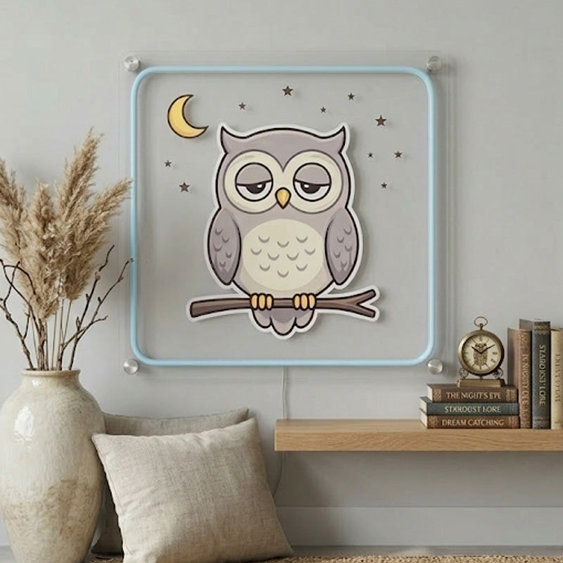 Sleepy Owl Neon Sign – Cute Night Light LED Wall Decor for Bedroom & Nursery