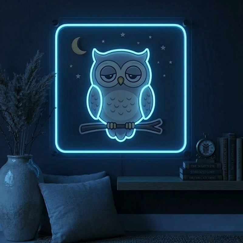 Sleepy Owl Neon Sign – Cute Night Light LED Wall Decor for Bedroom & Nursery