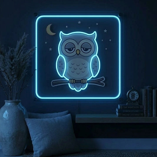 Sleepy Owl Neon Sign – Cute Night Light LED Wall Decor for Bedroom & Nursery