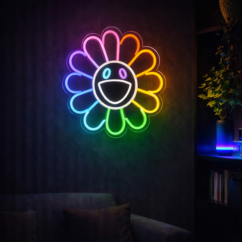 Smiley Rainbow Flower Neon Sign – Colorful LED Wall Art with Happy Face