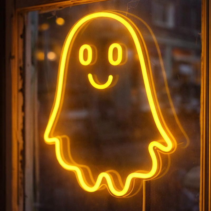 Smiling Ghost Neon Sign – Warm Yellow LED Window & Wall Decor