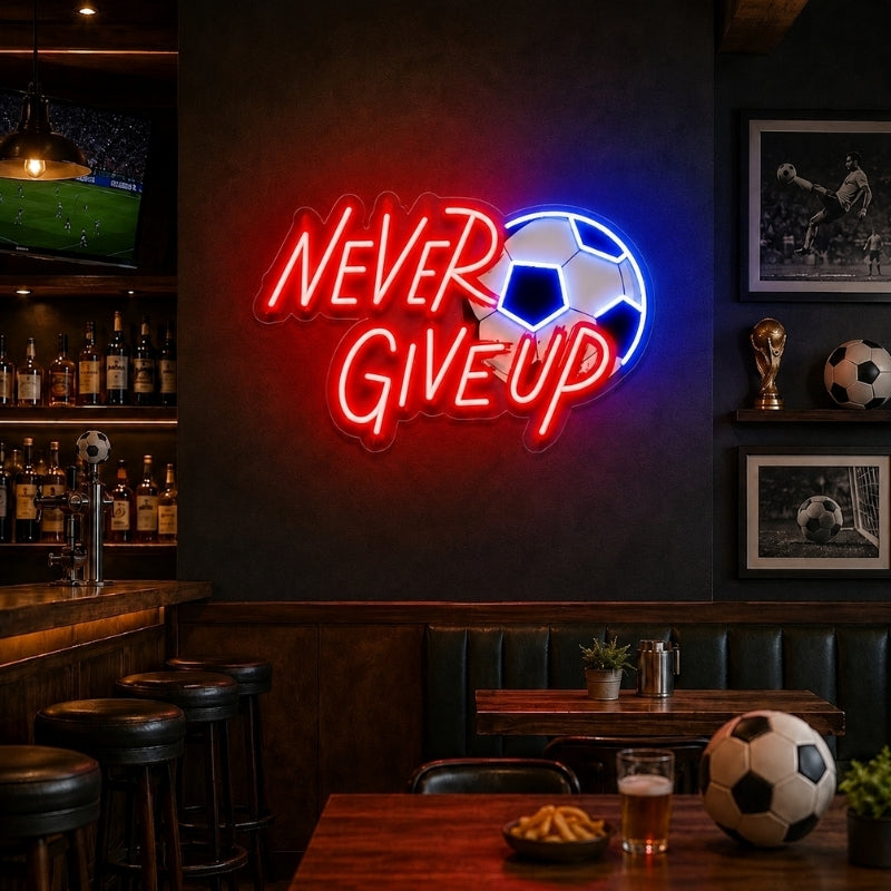 Soccer Bar Neon Sign - Never Give Up LED Wall Decor