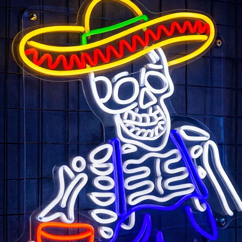 Sombrero Skeleton Neon Sign – Day of the Dead LED Wall Light
