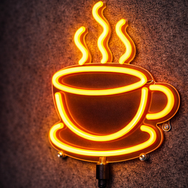 Steaming Coffee Cup Neon Sign – Warm Amber LED Wall Light for Café & Kitchen Decor