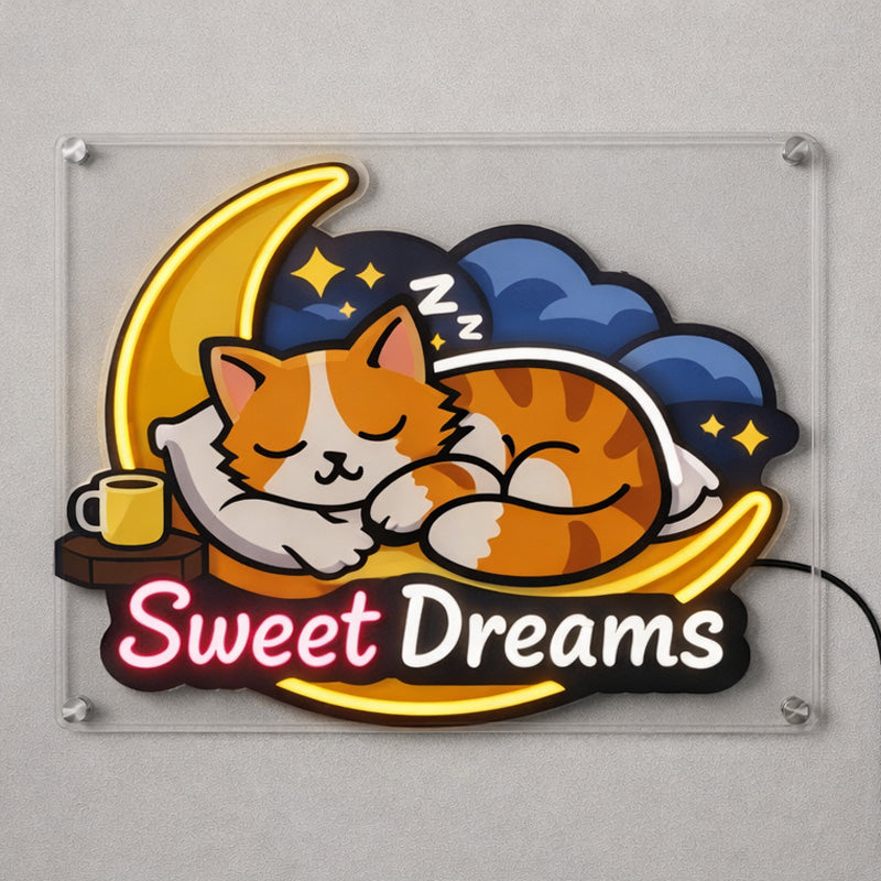 Sweet Dreams Cat Neon Sign – Cute Sleeping Cat LED Wall Decor for Bedroom & Nursery