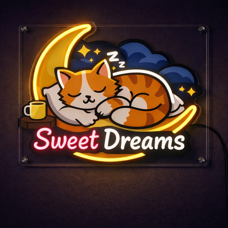 Sweet Dreams Cat Neon Sign – Cute Sleeping Cat LED Wall Decor for Bedroom & Nursery