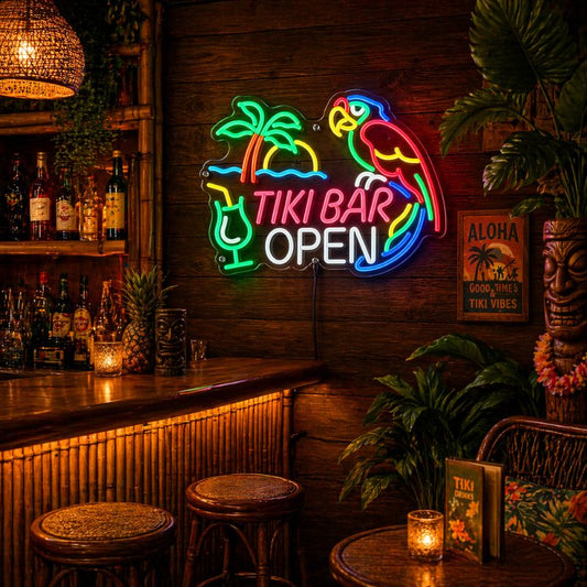 Tiki Bar Neon Sign Tropical - Open Parrot Wall Art