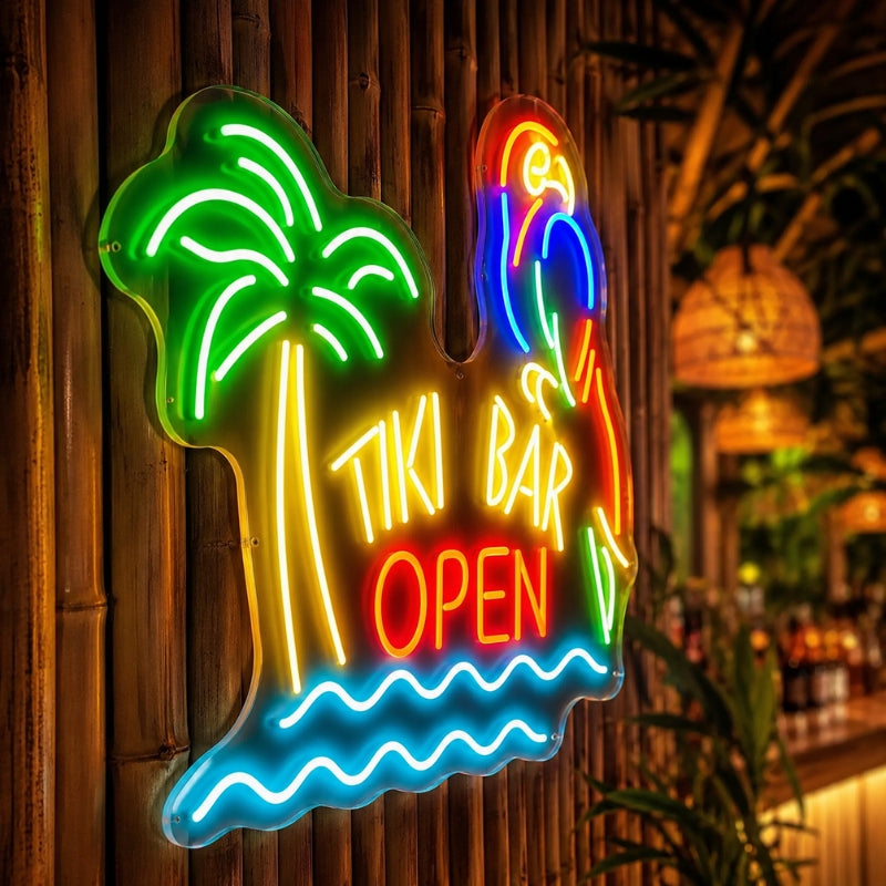Tiki Bar Neon Sign Tropical - Parrot Open Bar Decor
