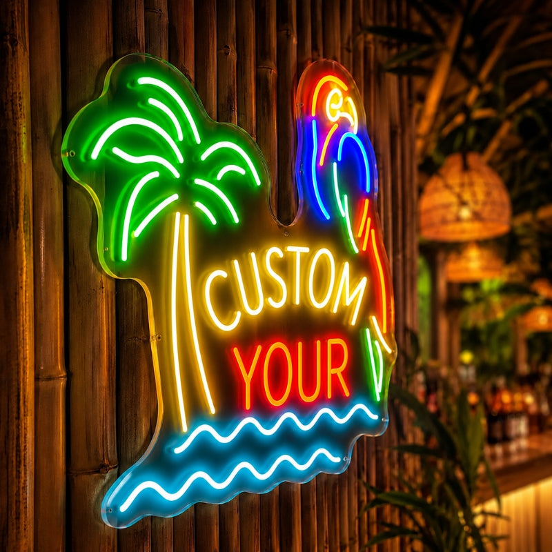 Tiki Bar Neon Sign Tropical - Parrot Open Bar Decor
