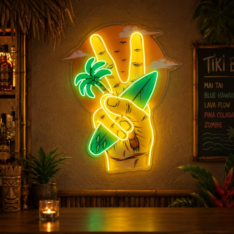 Tiki Bar Neon Sign Tropical - Peace Hand Wall Decor
