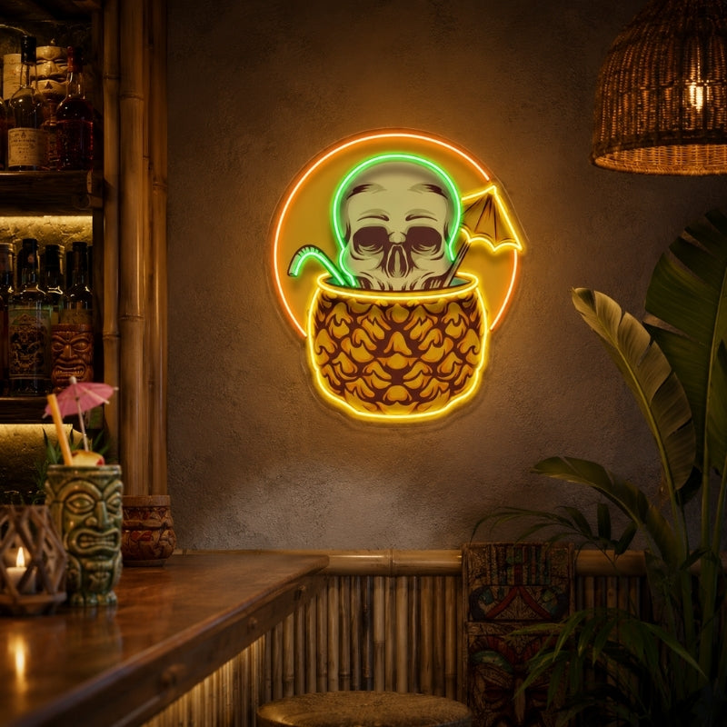 Tiki Bar Neon Sign Tropical - Skull Pineapple Decor