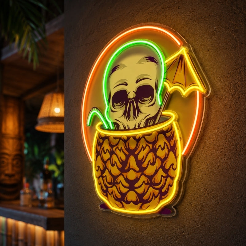 Tiki Bar Neon Sign Tropical - Skull Pineapple Decor